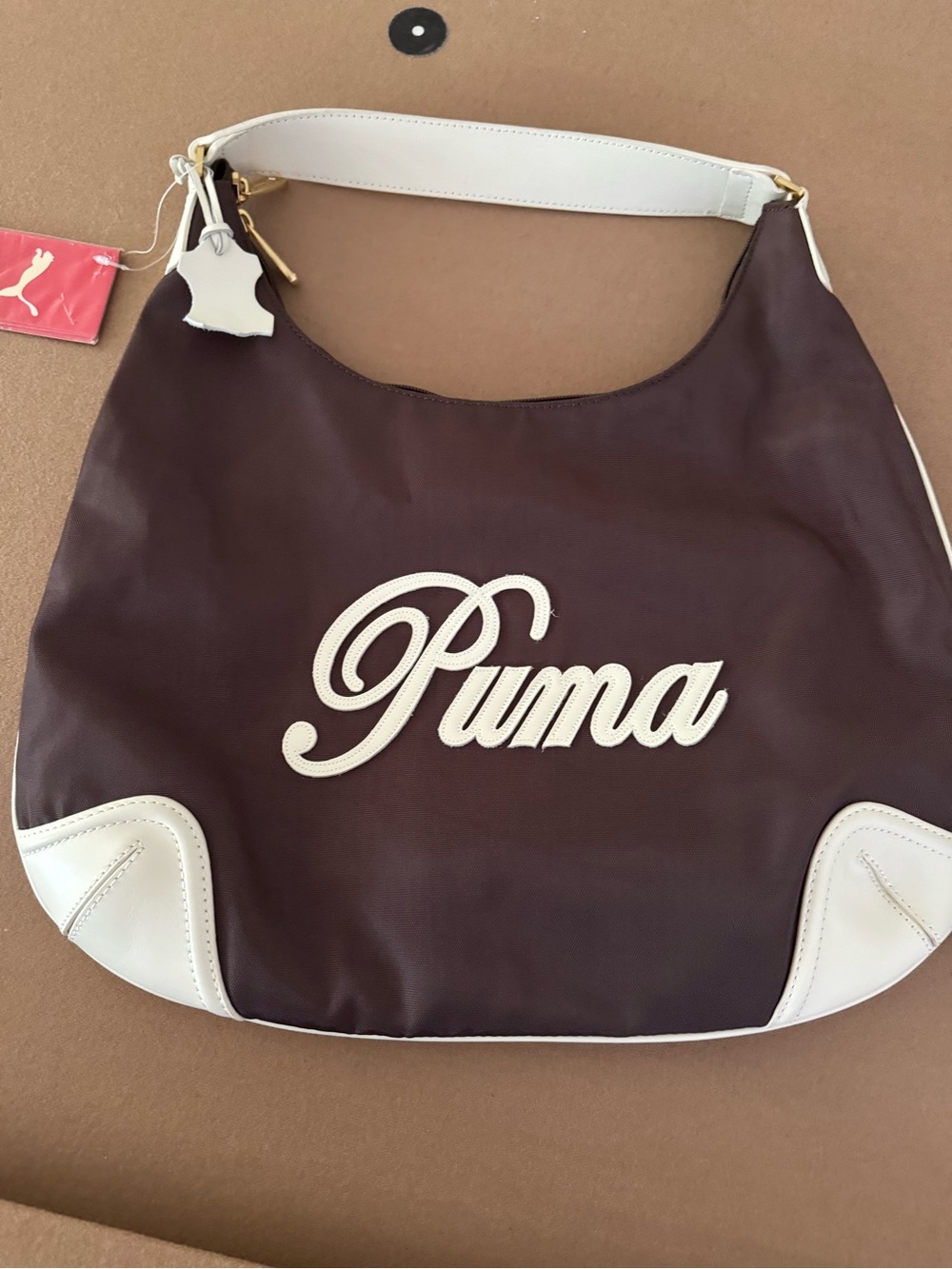 Puma Brown and White Script Logo Shoulder Bag